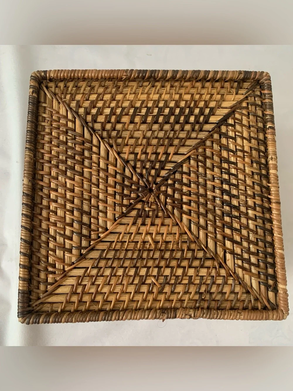 VTG Hand Woven Wicker Rattan Basket 4 Section Utensil Holder 8” Square Container
